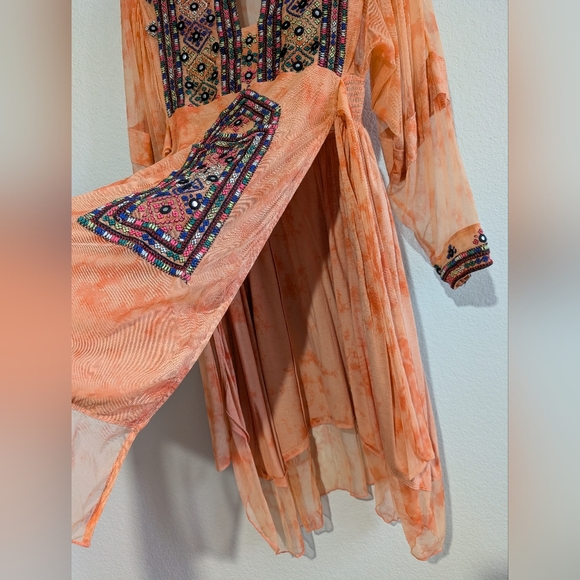 Free People Market Place Beaded Orange Sorbet Waist Tie Maxi Top XS Coral - Picture 9 of 16